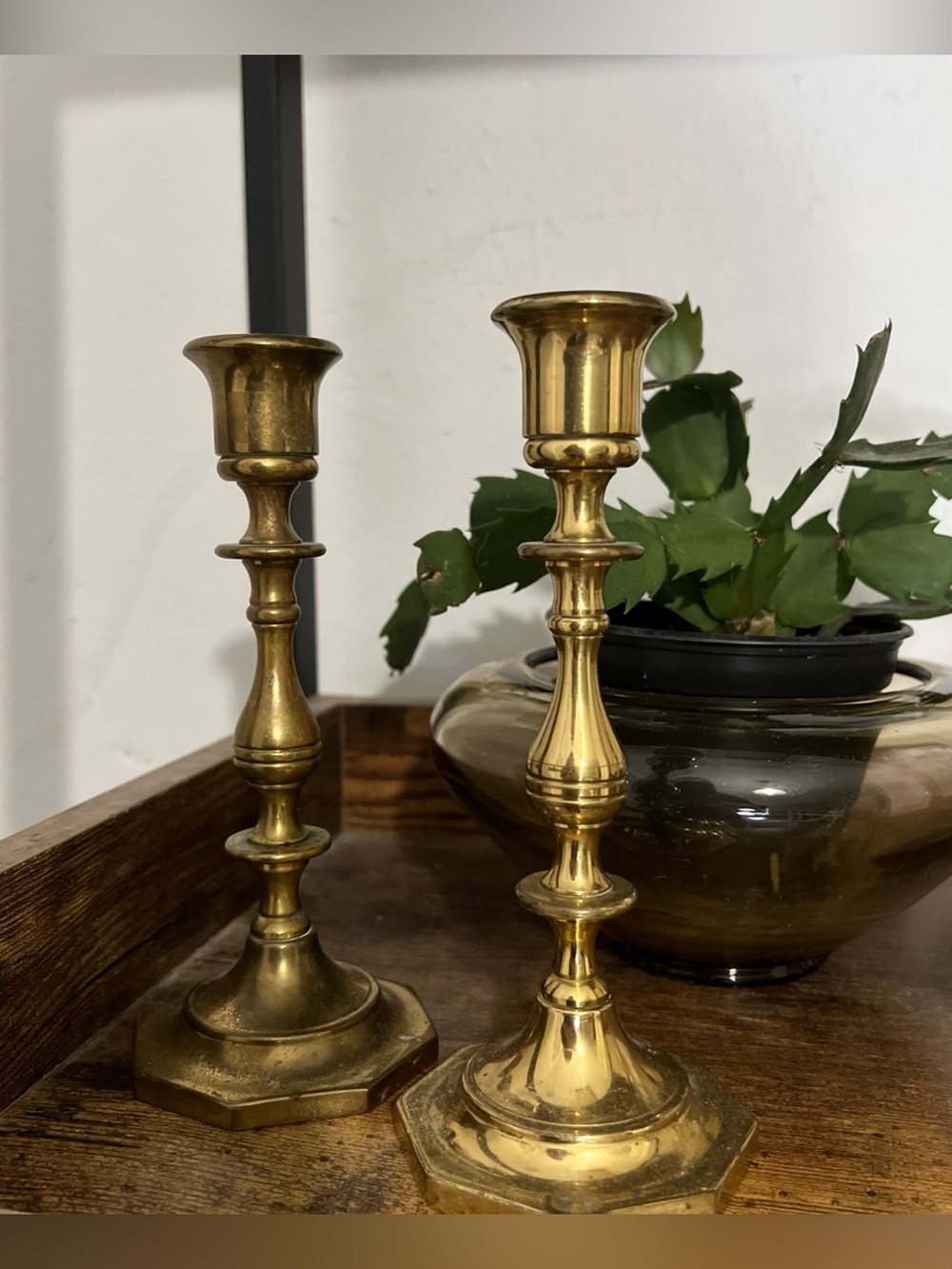 Stamped brass candle stick holders pair